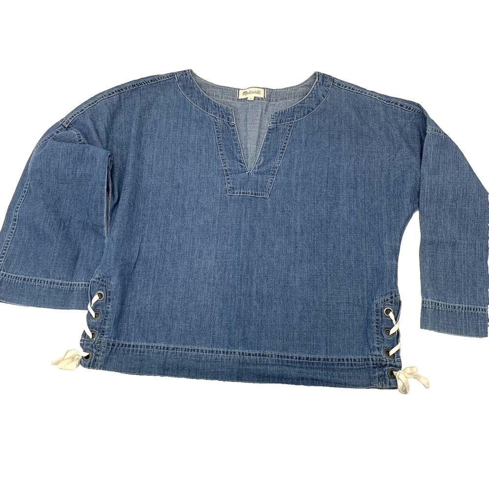 Madewell Crop Lace Up Sides Denim Shirt Woman Small 100% Cotton Western
